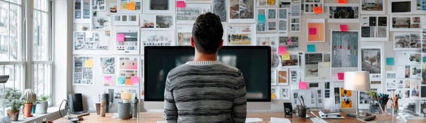 Poster - A person looks at a computer monitor in a creative workspace filled with photos, notes, and inspiration on the wall , Social media influence marketing.