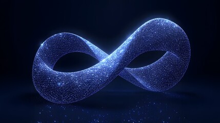 Poster - A luminous, blue infinity symbol shimmers with particles, reflected on a dark surface against a deep blue background. Dynamic and captivating visual. Abstract wireframe in dark blue.