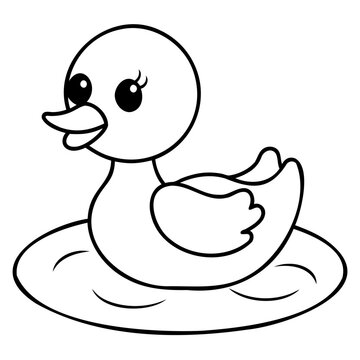 Adorable Cartoon Duckling Sitting in Pond Black Outline Vector
