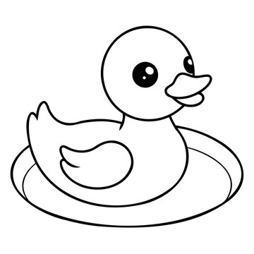 Cute Duckling Line Art in Pond on Transparent Background