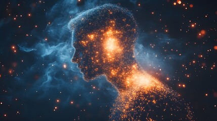 Poster - Ethereal human form rendered with glowing lines against a dark blue cosmic backdrop. Suggests consciousness, technology, and the nature of being. Abstract wireframe in dark blue.