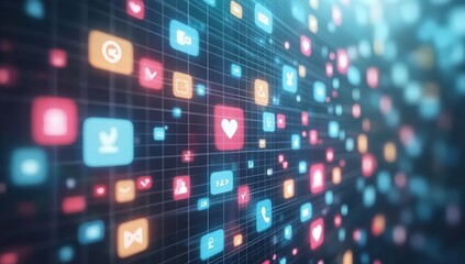 Poster - A colorful grid of floating digital social media icons, including hearts, messages, and notifications on a dark tech-inspired background , Social media influence marketing.