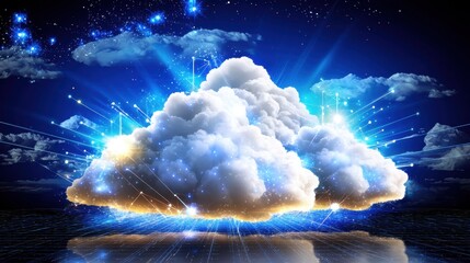 Poster - Digital cloud computing concept with bright blue lights in a futuristic server space