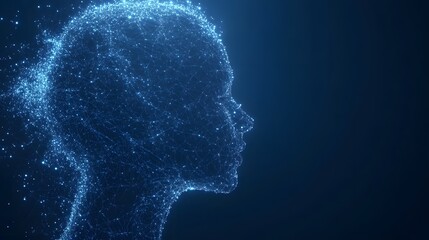 Aufkleber - Futuristic digital head profile. Glowing blue dots and lines form a mesh, representing technology and the human mind. Dynamic design on a dark background. Abstract wireframe in dark blue