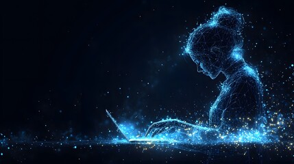 Leinwandbilder - A woman uses a laptop, depicted in a digital wireframe style. Blue lines and gold particles add a futuristic touch, ideal for technology or innovation themes. Abstract wireframe in dark blue