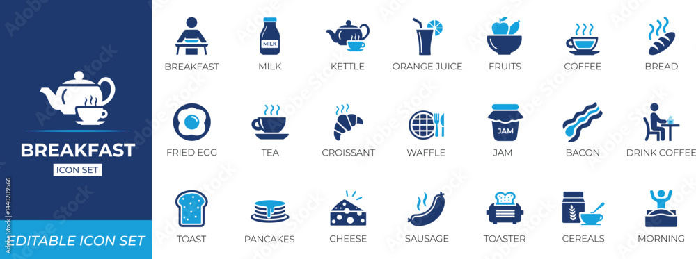 Breakfast icon set featuring eggs, instant, microwave, energy, isolated ...