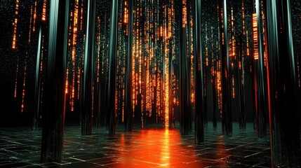 Poster - Glowing red matrix code cascading down digital screen, tech-inspired abstract pattern