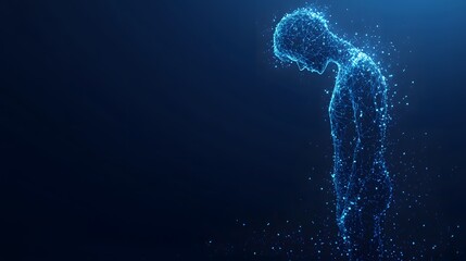 Aufkleber - A luminous figure, formed by a blue dot mesh, hunches before dissipating. The dark blue background enhances the sense of loss and disintegration. Abstract wireframe in dark blue.