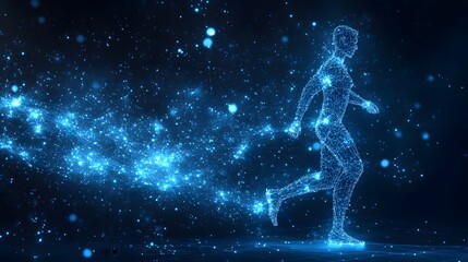 Aufkleber - Dynamic wireframe human figure runs left, a vibrant trail of blue light highlighting speed and futuristic technology. Represents data flow, digital health. Abstract wireframe in dark blue.