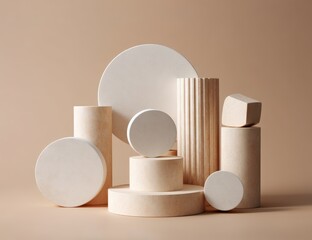 Poster - Minimalist arrangement of beige geometric shapes, including cylinders, discs, and columns, set against a neutral background.