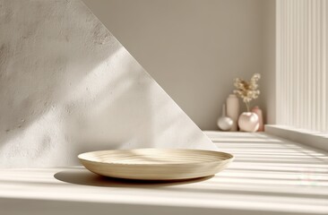 Poster - Minimalist interior scene with neutral tones, natural light, and a round wooden tray on a smooth surface.