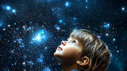 Wall Mural - Enchanted Child Gazing at Starry Night Sky and Cosmic Wonders