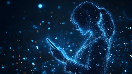 Leinwandbilder - A digital woman gazes at her smartphone, both rendered in glowing blue network dots. Dark background with bokeh lights emphasizes the technological and ethereal mood. Abstract wireframe in dark blue