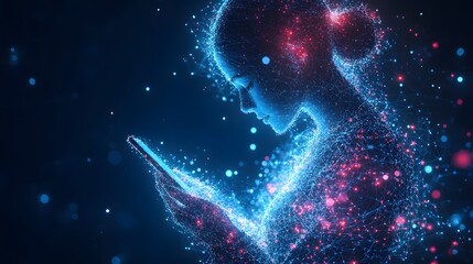 Poster - Digital woman engrossed in her device, blending humanity with technology. Networked figure illuminated in vibrant blue. Modern connectivity and luminous presence. Abstract wireframe in dark blue.