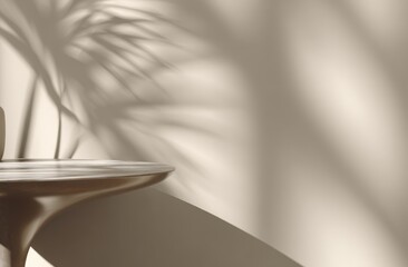 Poster - Minimalist table with soft shadows of a plant on a beige wall, creating a calm and stylish interior scene.