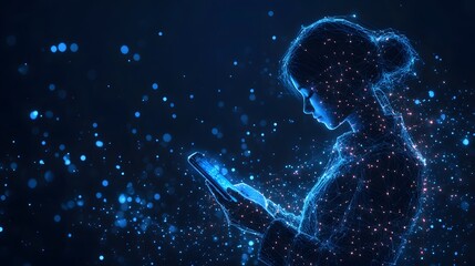 Leinwandbilder - Futuristic digital art showing a woman made of light interacting with a smartphone. A holographic effect and ethereal orbs evoke technology and connection. Abstract wireframe in dark blue