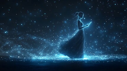 Leinwandbilder - Futuristic woman composed of glowing blue particles holds a radiant tablet, her ethereal dress flowing against a dark blue background sprinkled with starlight effects. Abstract wireframe in dark blue.
