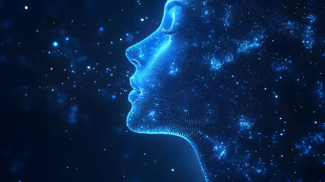 Futuristic profile portrait crafted from vibrant blue particles against a deep blue backdrop. The mesh-like structure forms a striking technological aesthetic. Abstract wireframe in dark blue.
