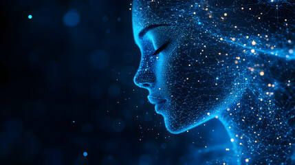 Poster - Digital portrait of a woman's profile created with blue lines and dots against a dark backdrop. The artistic style lends a modern and ethereal quality. Abstract wireframe in dark blue.