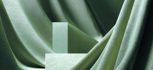 Poster - Soft green fabric drapes around rectangular blocks, creating a textured and elegant abstract scene.