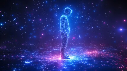 Leinwandbilder - Futuristic digital landscape featuring a blue wireframe human figure on a glowing grid. Pink and blue data points evoke a technological ambiance. Abstract wireframe in dark blue.