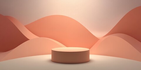 Poster - Minimalist podium with soft peach waves and gentle lighting, ideal for product display or modern backgrounds.