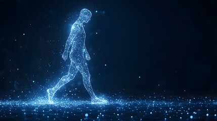 Aufkleber - A digital wireframe human figure, rendered in interconnected blue dots and lines, walks across a field of light. The dark blue gradient adds depth. Abstract wireframe in dark blue.