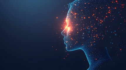 Poster - Digital head profile with a glowing, networked mesh of blue lines and orange particles. Data and energy flow around the face. Abstract wireframe in dark blue.