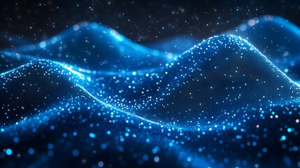Aufkleber - Digital landscape with glowing blue and white dots forming hills and waves. Soft light creates depth and texture. A cosmic, abstract scene for modern design. Abstract wireframe in dark blue