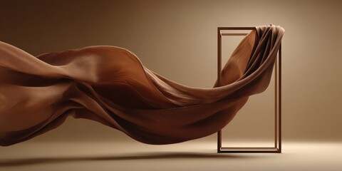 Poster - Flowing brown fabric floats gracefully through a rectangular frame in a minimalist, warm-toned setting.
