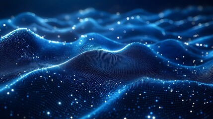 Poster - Dynamic blue waves rendered with granular dots and scattered luminous points create a sense of depth and movement. An abstract and energetic digital landscape. Abstract wireframe in dark blue