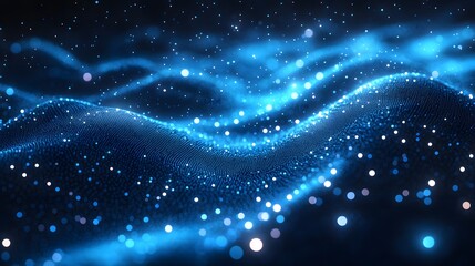 Poster - Abstract digital landscape, sparkling with blue and white dots, evokes a data visualization. Bokeh orbs add depth to this textured, wave-like surface. Abstract wireframe in dark blue