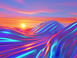Poster - Vibrant sunset over fluid waves coastal landscape digital art serene environment wide angle view colorful aesthetics