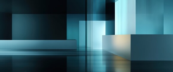 Poster - Minimalist abstract interior with geometric shapes, glass surfaces, and cool blue lighting, evoking a modern architectural atmosphere.
