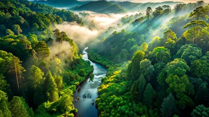 Poster - Aerial view of a misty river flowing through a lush green forest at sunrise
