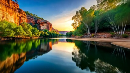 Aufkleber - Serene river reflects colorful canyon walls at sunset in breathtaking natural landscape.