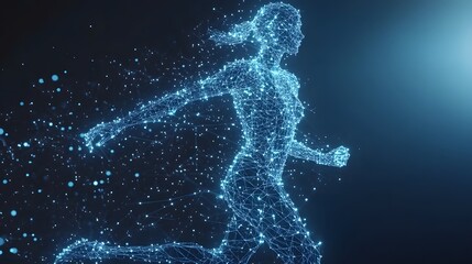 Aufkleber - Futuristic digital art showcasing a running woman composed of vibrant blue lines and dots, symbolizing speed and technology. Abstract wireframe in dark blue.