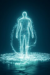 Poster - Glowing digital human silhouette formed by particles and light representing futuristic technology, artificial intelligence and virtual data visualization, Generative AI