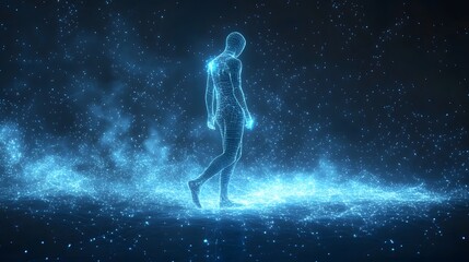 Aufkleber - A wireframe human walks on a digital network under a starry sky. Digital connectivity and the human form merge in this visual metaphor, Abstract wireframe in dark blue.