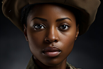 Leinwandbilder - Generative AI image of beautiful female soldier in camouflage uniform in military security