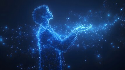 Aufkleber - Futuristic figure outlined in glowing blue points against a dark, nebulous backdrop. Hands extended, surrounded by sparkling particles, creating an ethereal feel. Abstract wireframe in dark blue