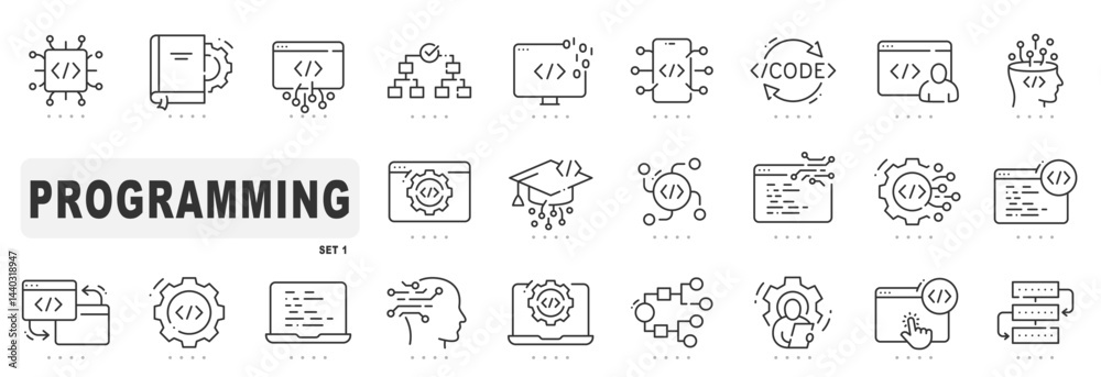 Vektor Set of programming related line icons. Coding, development ...