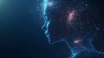 Poster - Abstract digital portrait of a human face in profile, rendered with glowing blue lines and dots. Red clusters near the head symbolize intense energy. Abstract wireframe in dark blue