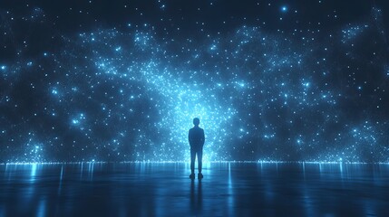 Aufkleber - Silhouette stands before a mesmerizing wall of blue, glowing particles reflecting in the water below. The dreamlike scene offers a strong contrast. Abstract wireframe in dark blue.