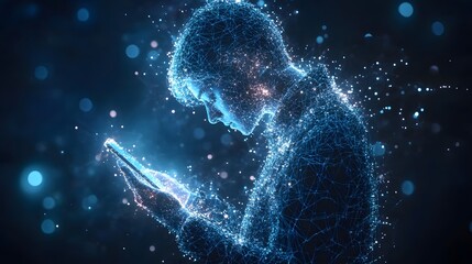 Poster - Futuristic digital human figure engrossed in a smartphone. Networked lines depict tech integration and modern life. Blue light accentuates the digital atmosphere. Abstract wireframe in dark blue