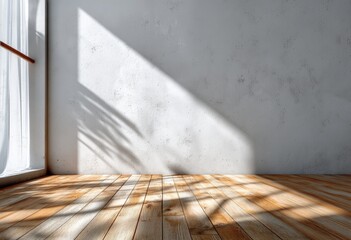 Poster - A bright, empty room with wooden floors and sunlight casting shadows through a window onto a white wall.