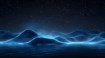 Leinwandbilder - Digital landscape at night featuring undulating blue waves, a stylized illuminated figure, and a starry sky. Ethereal lighting and a futuristic dreamscape. Abstract wireframe in dark blue.