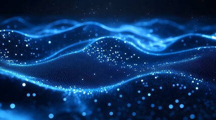 Aufkleber - A mesmerizing landscape of glowing blue particles creating undulating waves. Sparkling lights add depth against the dark backdrop, forming a dynamic, ethereal scene. Abstract wireframe in dark blue