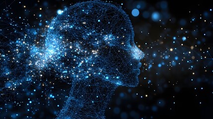 Poster - Futuristic profile of a wireframe head bursts into digital chaos. Representing intelligence, innovation, and the power of technology. Abstract wireframe in dark blue