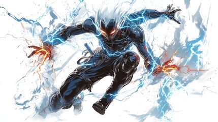 Naklejka na meble Powerful superhero leaping, energy bursts.